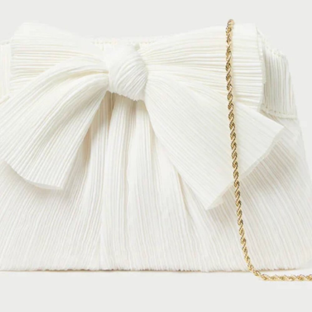 Rayne White Pleated Bow Clutch With Tags - Weddings, Bridal